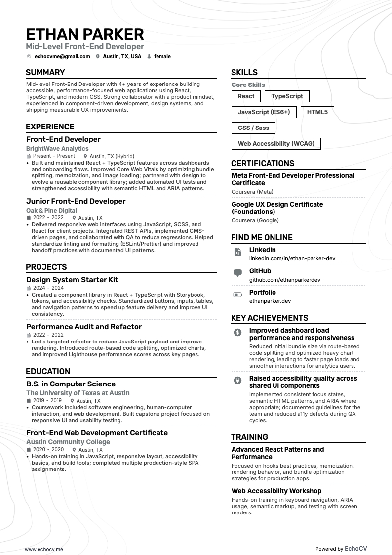 中堅フロントエンド開発者 example resume