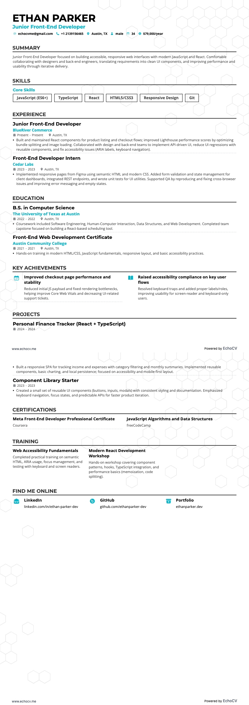 ジュニアフロントエンド開発者 example resume