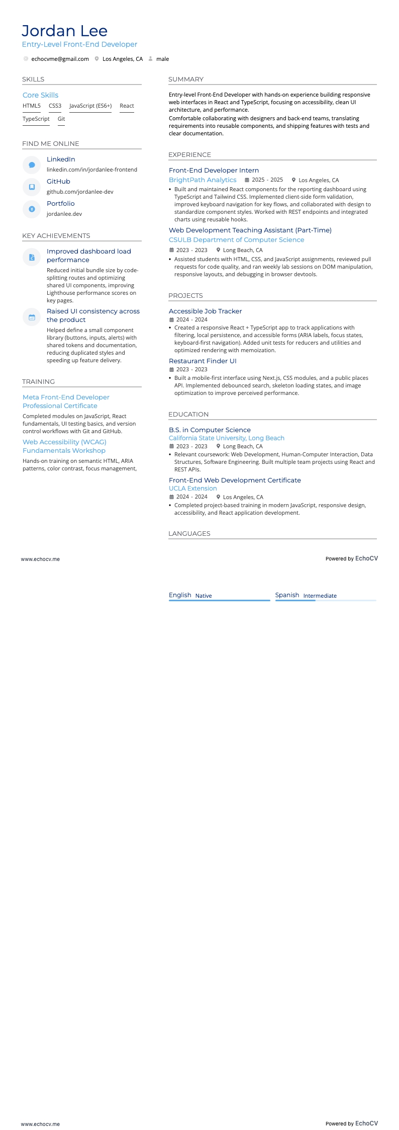 未経験フロントエンド開発者 example resume