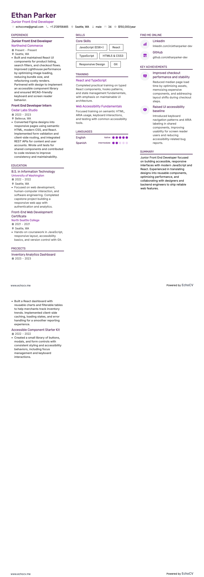 フロントエンド開発者 resume example