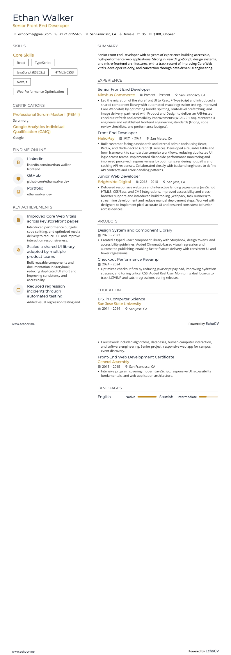 シニアフロントエンド開発者 example resume