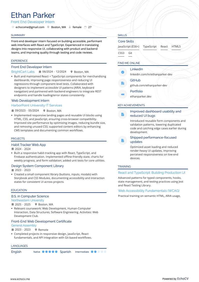 フロントエンド開発インターン example resume