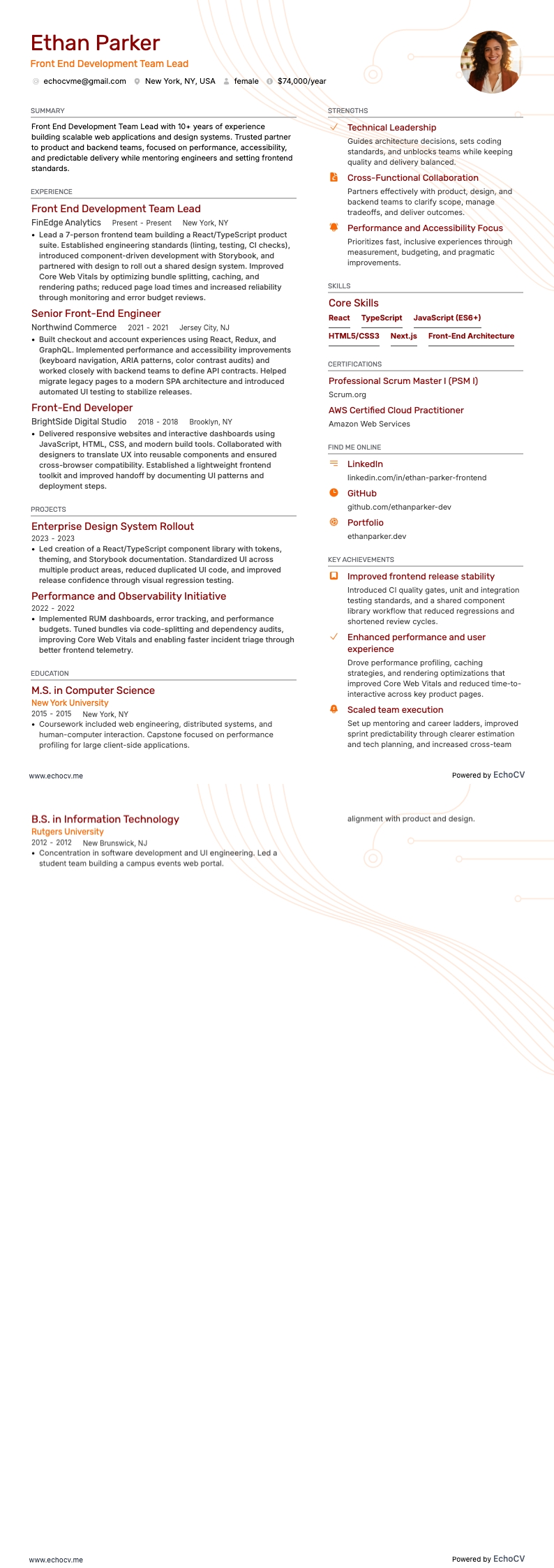 フロントエンド開発チームリーダー example resume