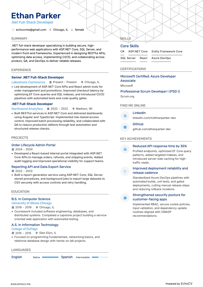 .Net Full-Stack Developer example resume