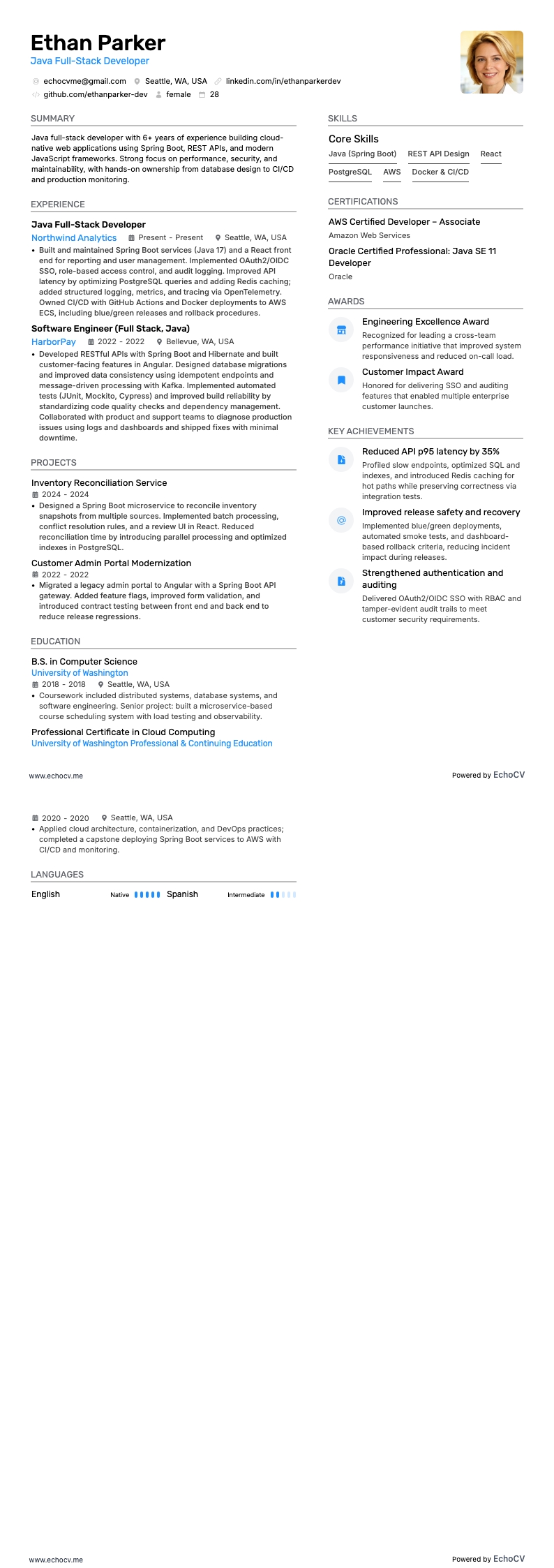Java Full-Stack Developer example resume