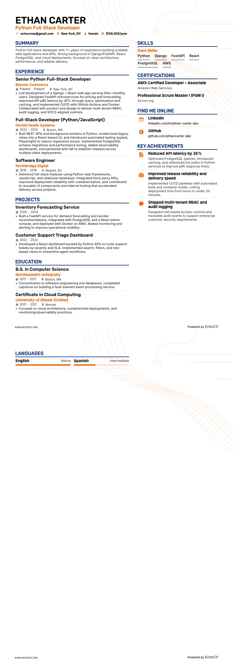 Python Full-Stack Developer example resume