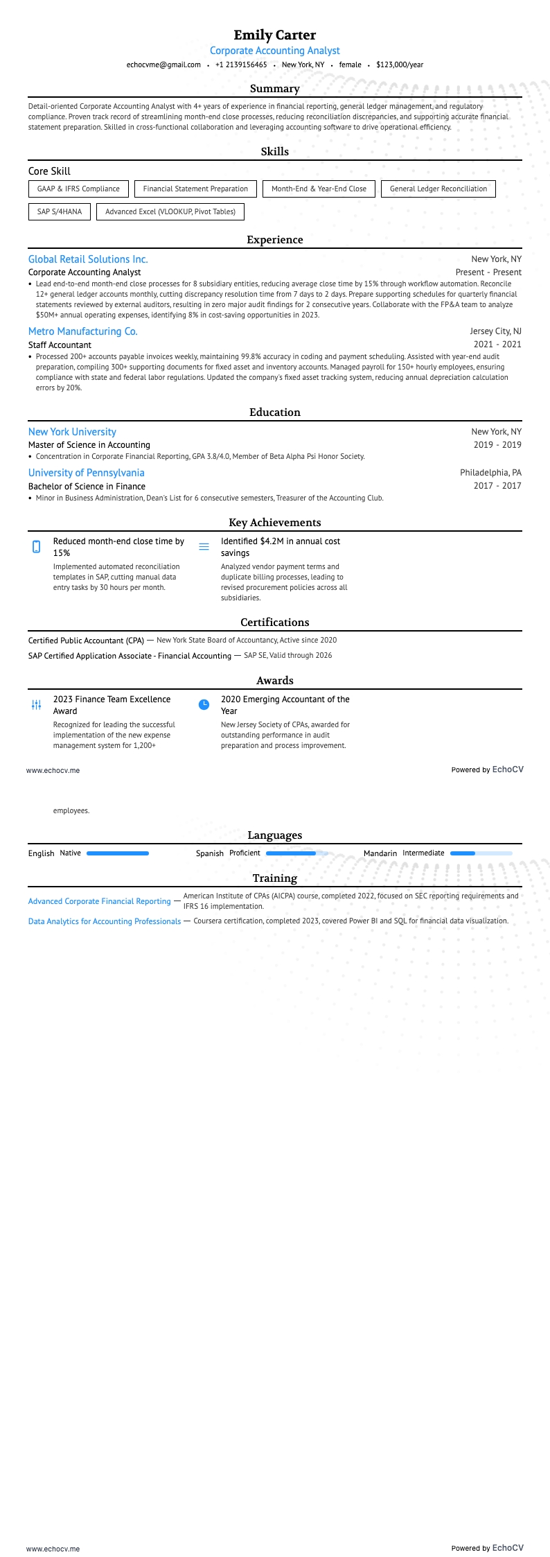 Analyste en comptabilité d’entreprise example resume