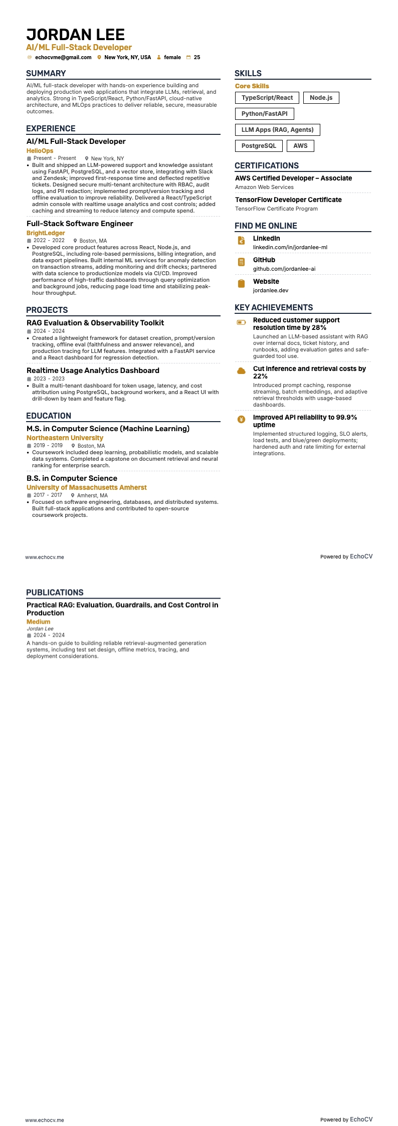 AI/ML Full-Stack Developer example resume