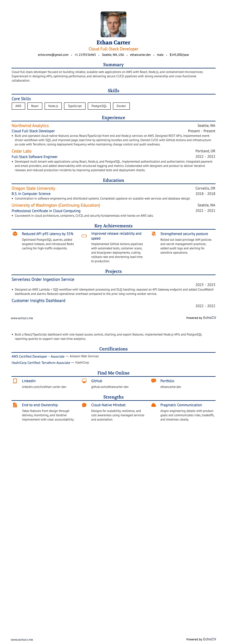 Cloud Full-Stack Developer example resume