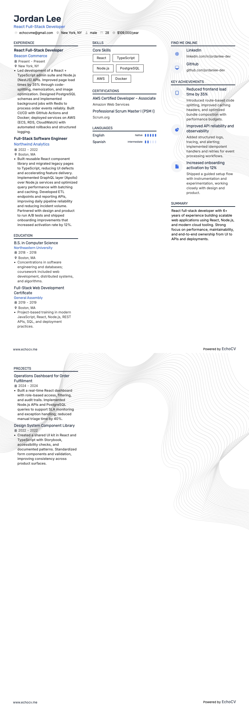 React Full-Stack Developer example resume