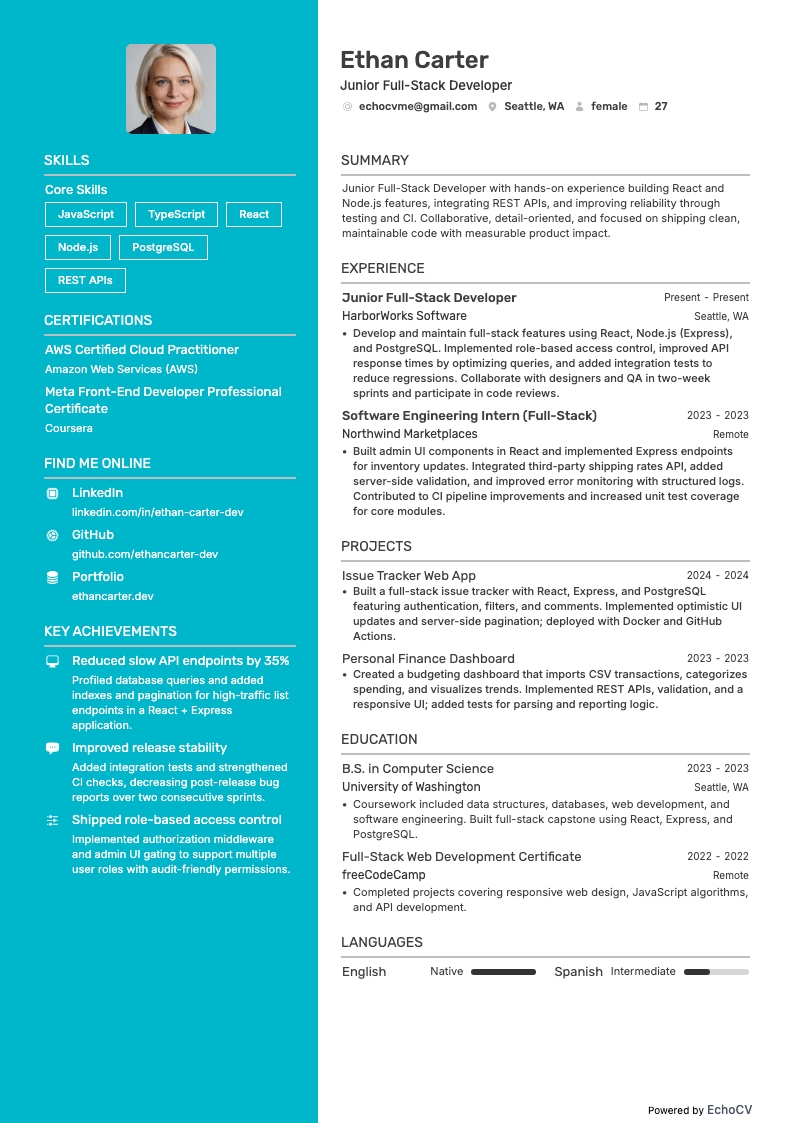 Junior Full-Stack Developer example resume