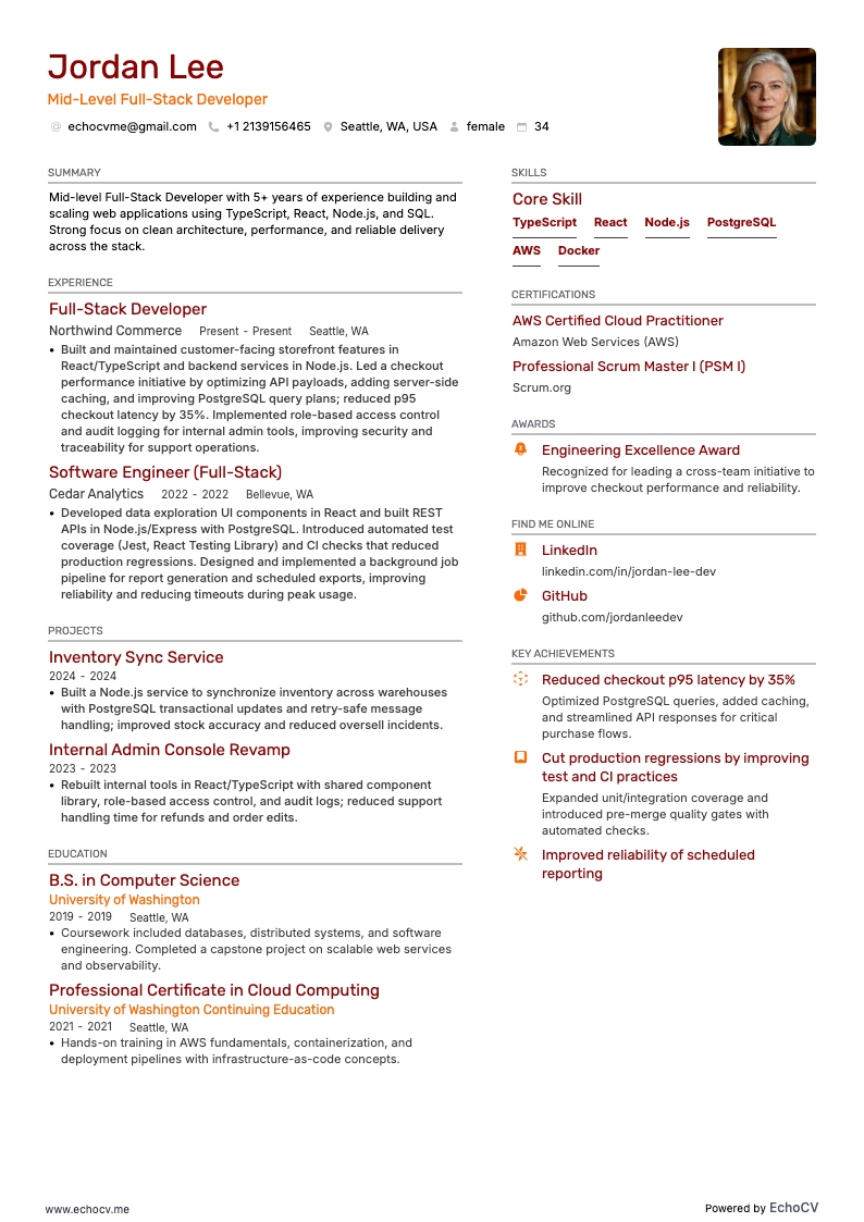 Mid-Level Full-Stack Developer example resume