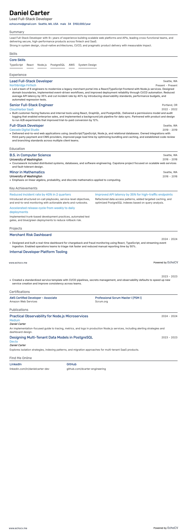 Lead Full-Stack Developer example resume