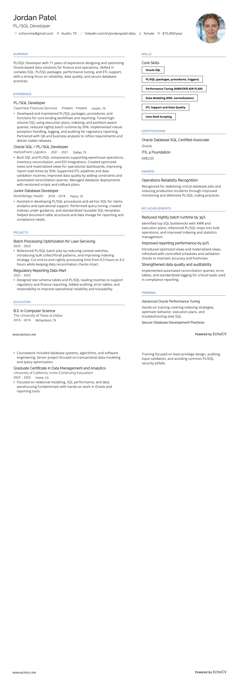 PL SQL開発者 example resume