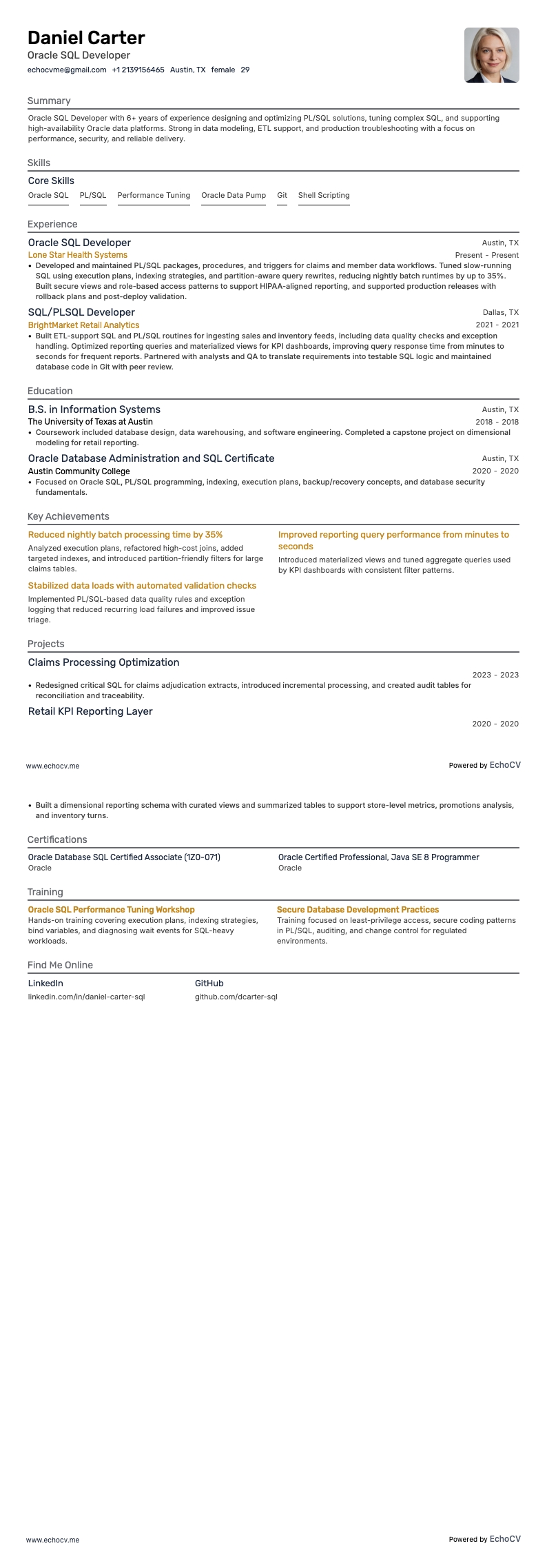 Oracle SQL開発者 example resume