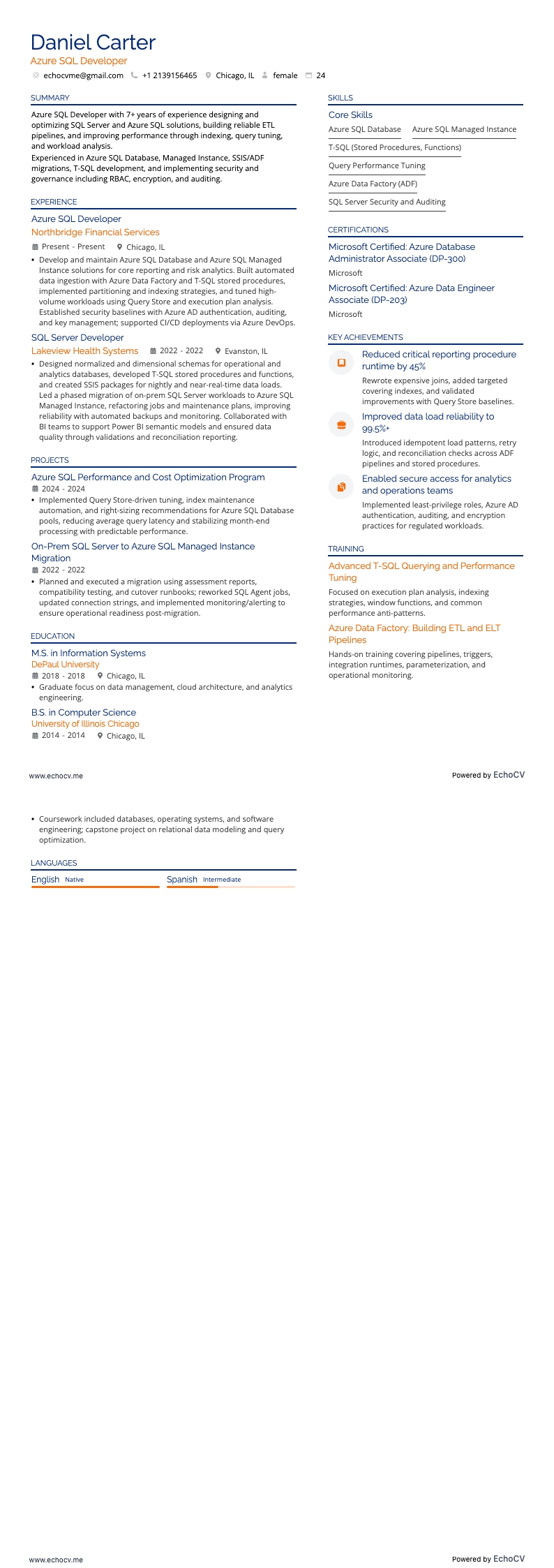 Azure SQL開発者 example resume