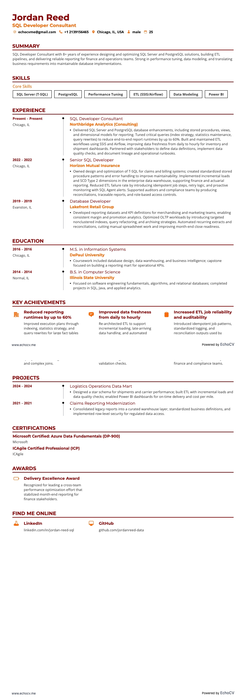 SQL開発コンサルタント example resume
