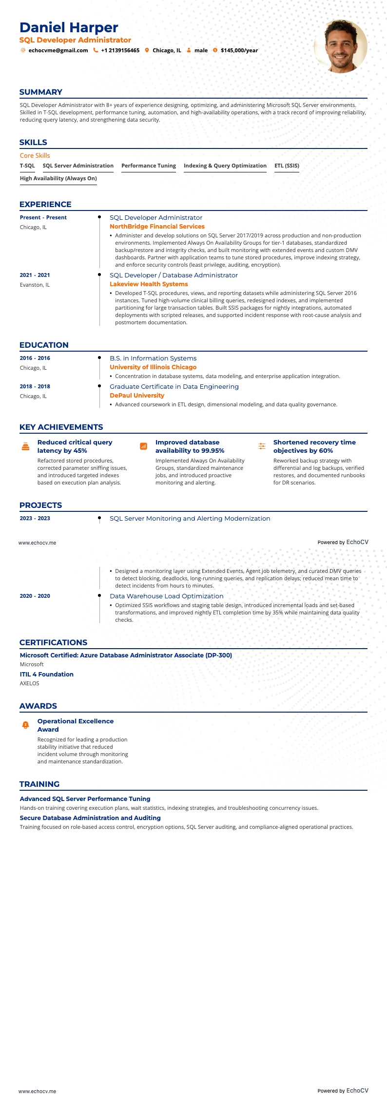 SQL開発者管理者 example resume