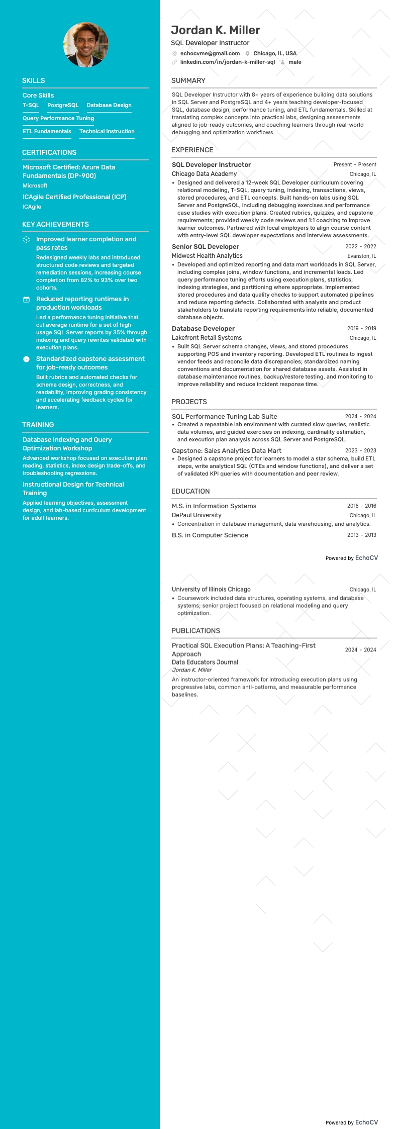 SQL開発者インストラクター example resume