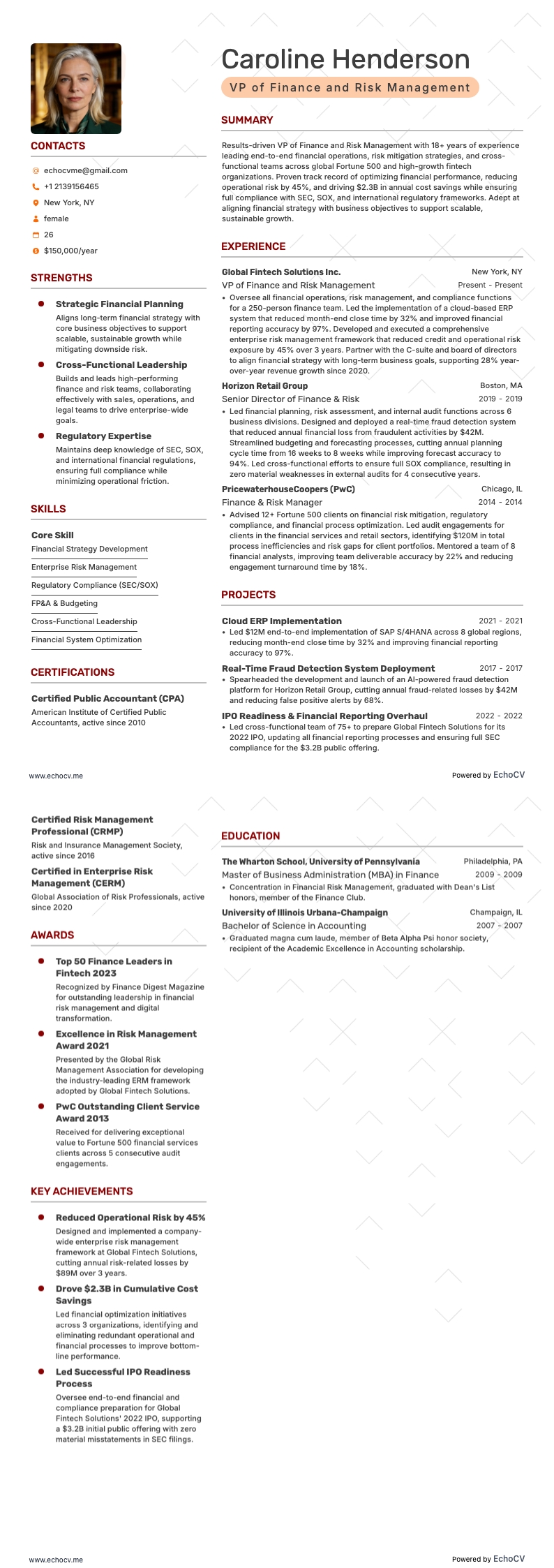 VP of Finance and Risk Management example resume