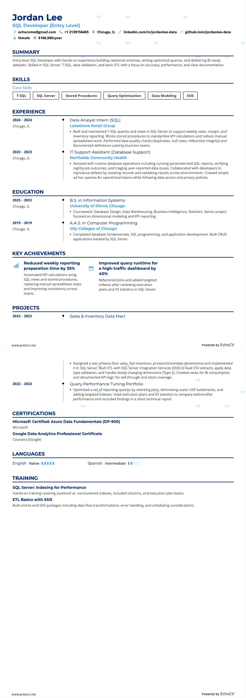 SQL開発者（初級） example resume