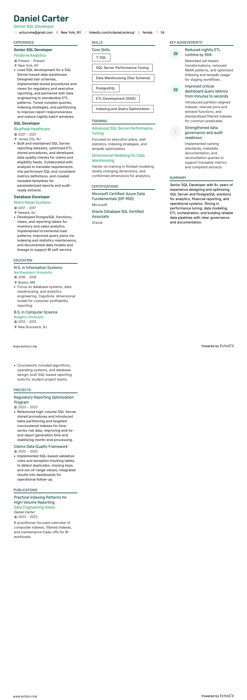 シニアSQL開発者 example resume