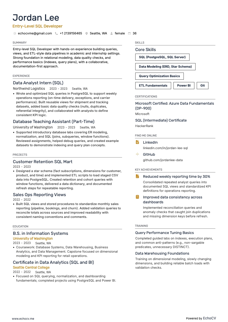 初級SQL開発者 example resume