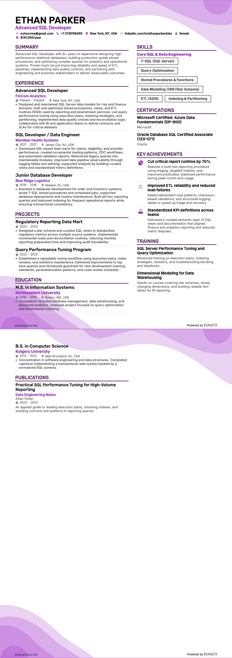 上級SQL開発者 example resume