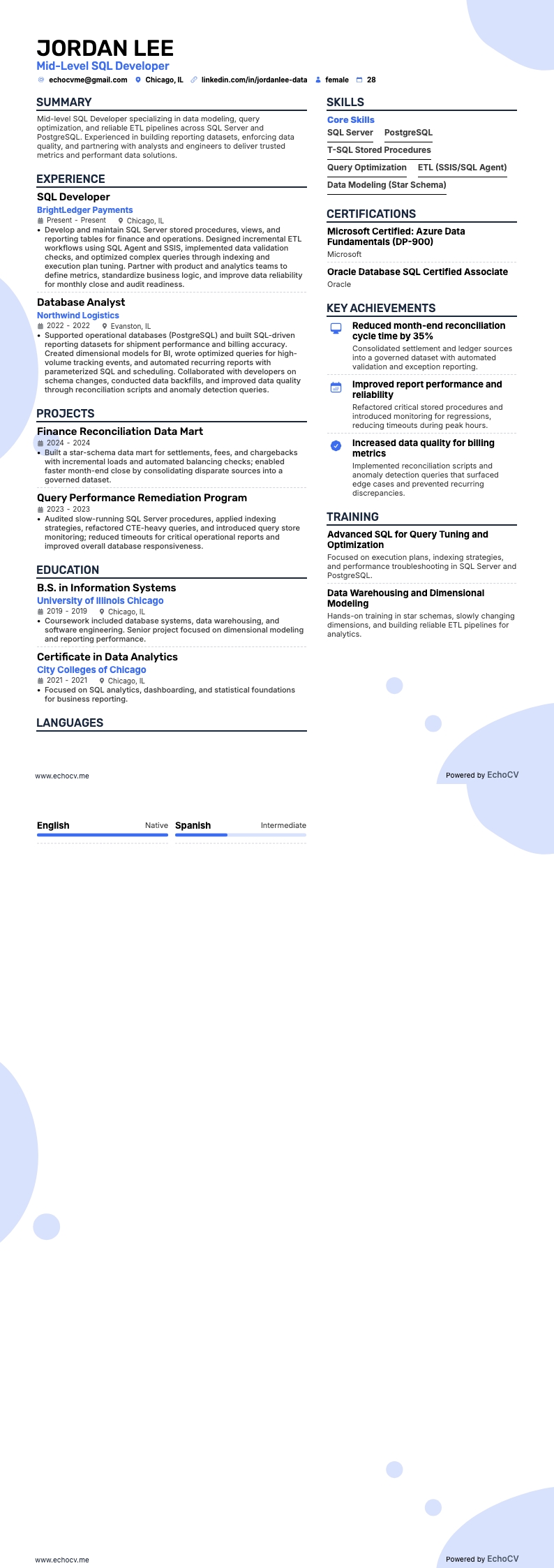 中堅SQL開発者 example resume