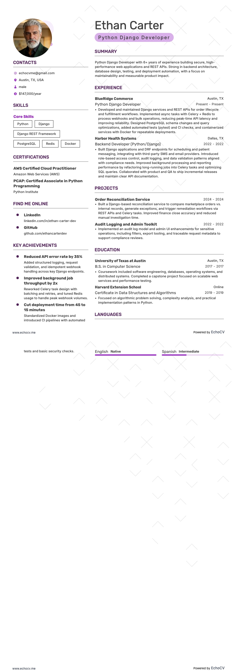 Python Django Developer example resume