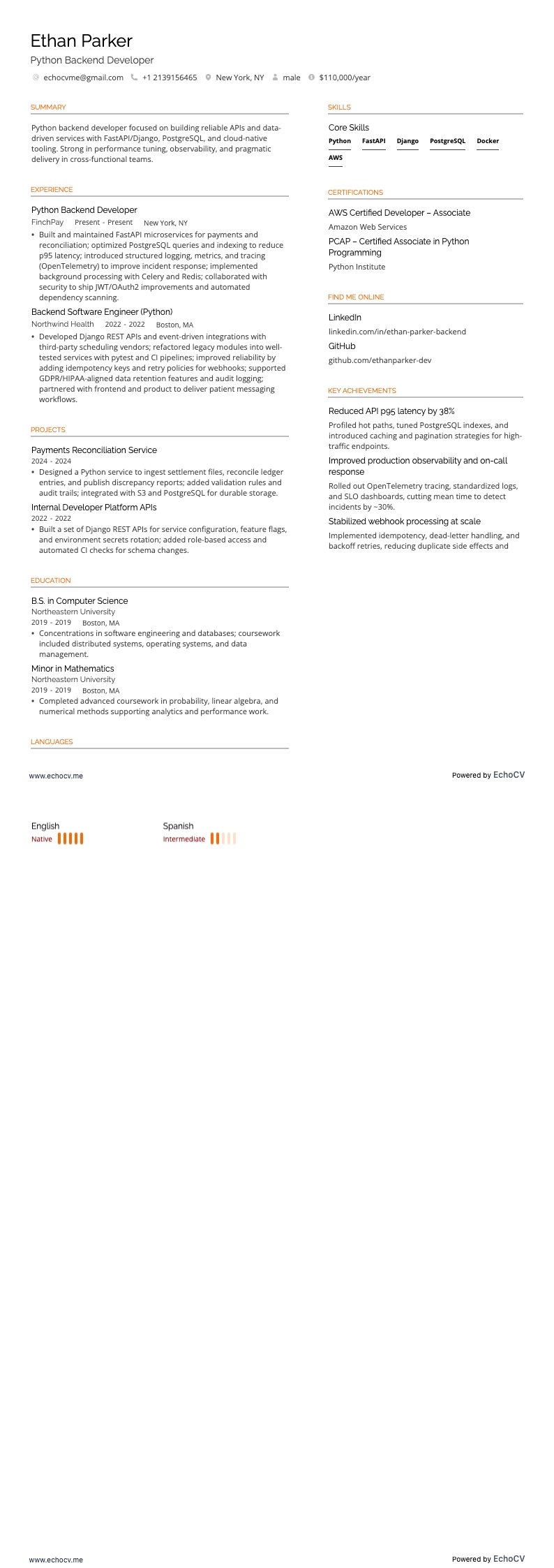 Python Backend Developer example resume