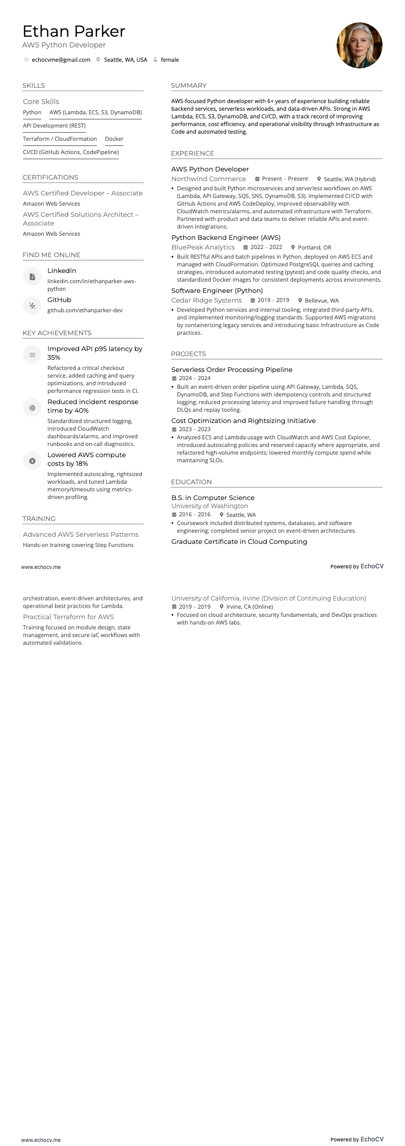 AWS Python Developer example resume