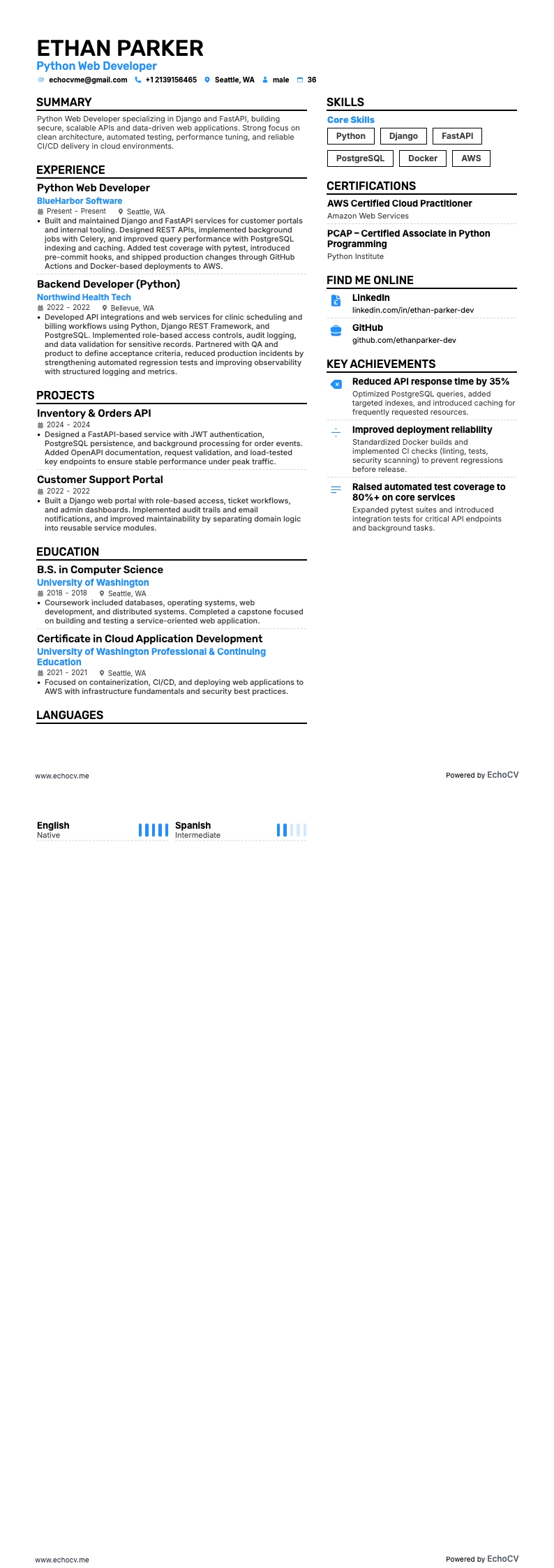 Python Web Developer example resume