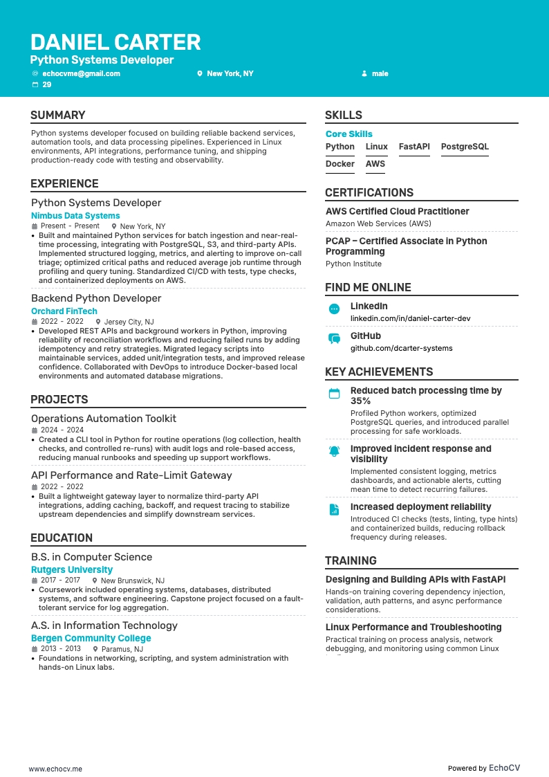 Python Systems Developer example resume