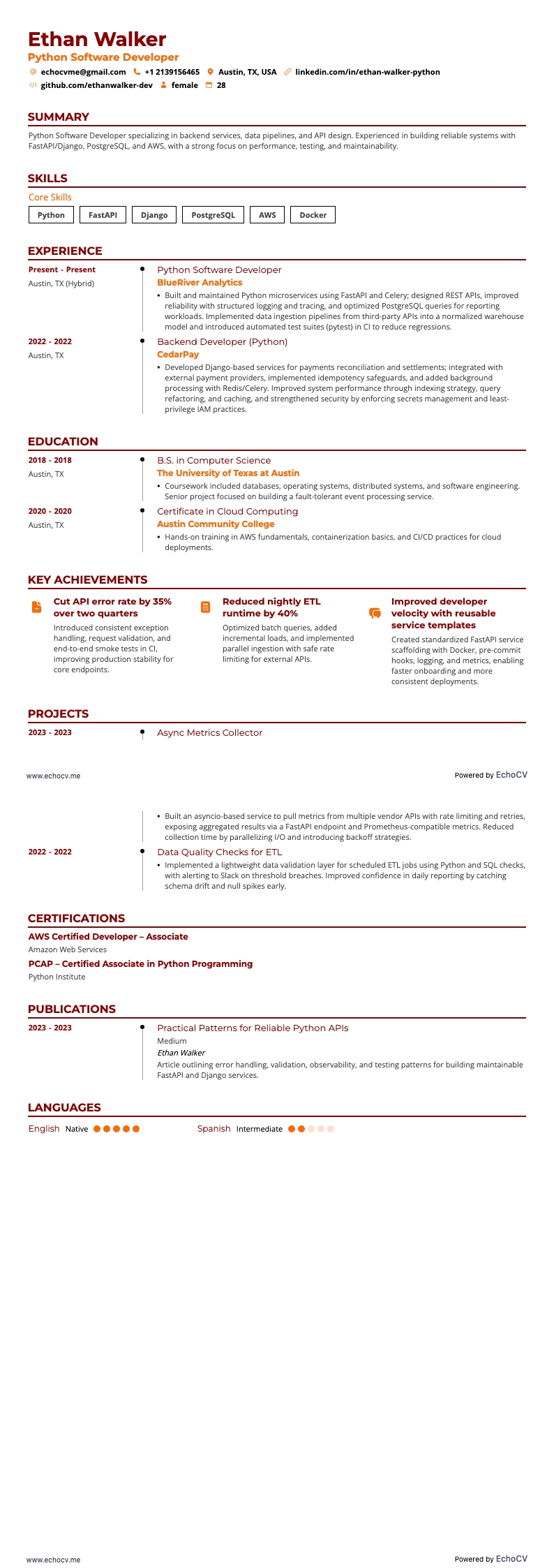 Python Software Developer example resume