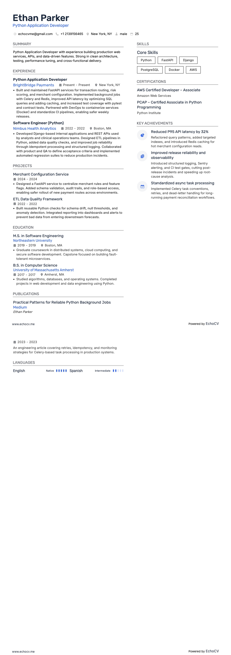 Python Application Developer example resume