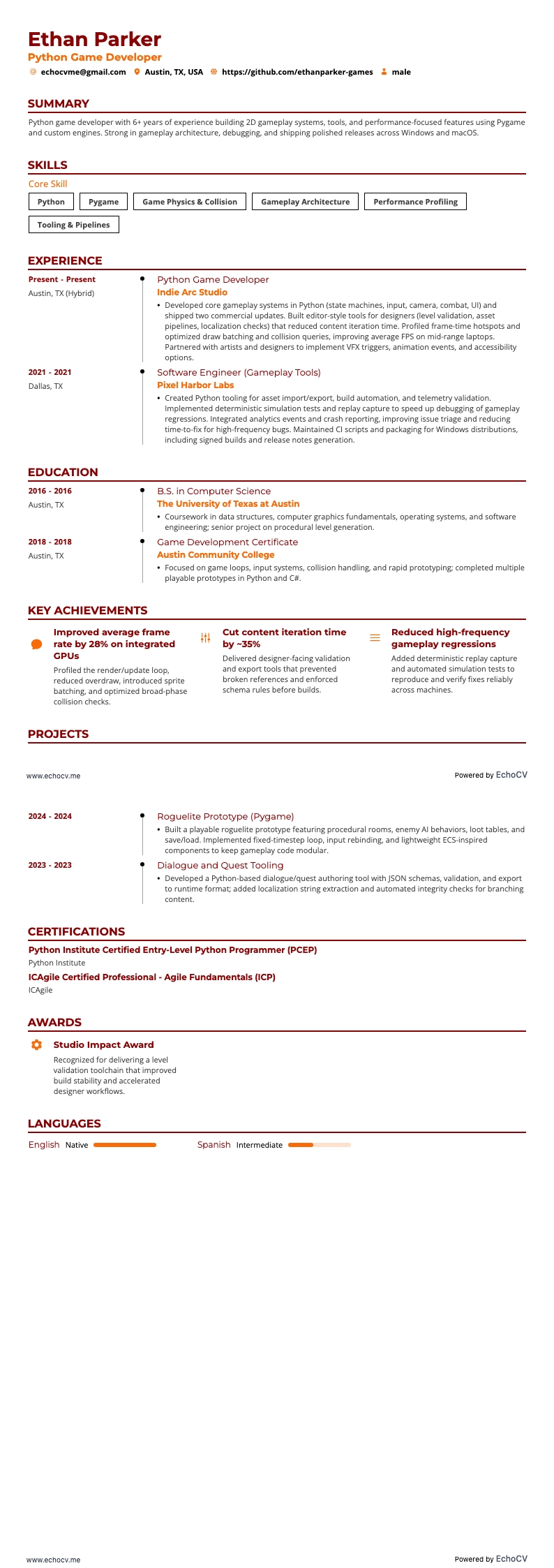 Python Game Developer example resume