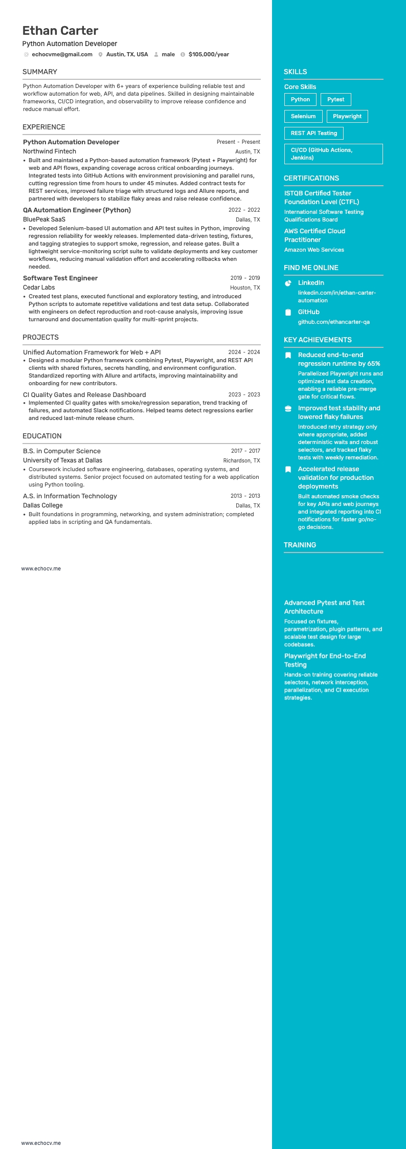 Python Automation Developer example resume