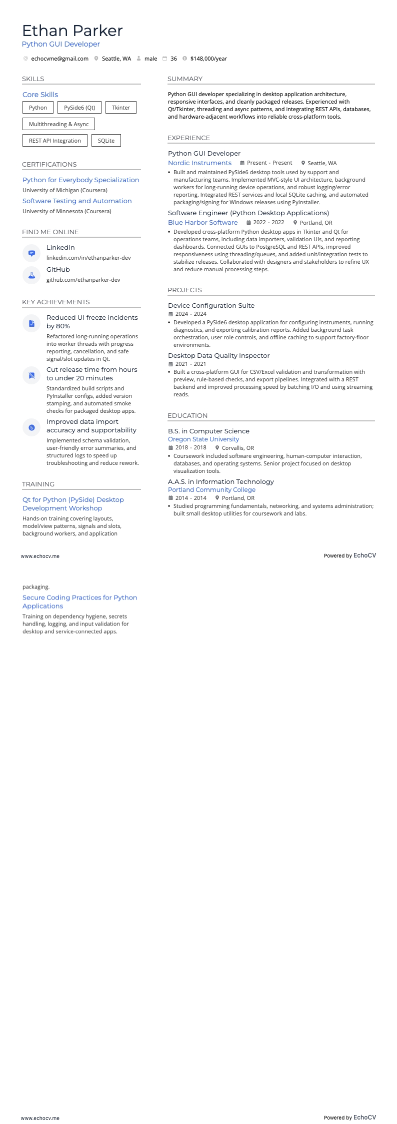 Python GUI Developer example resume