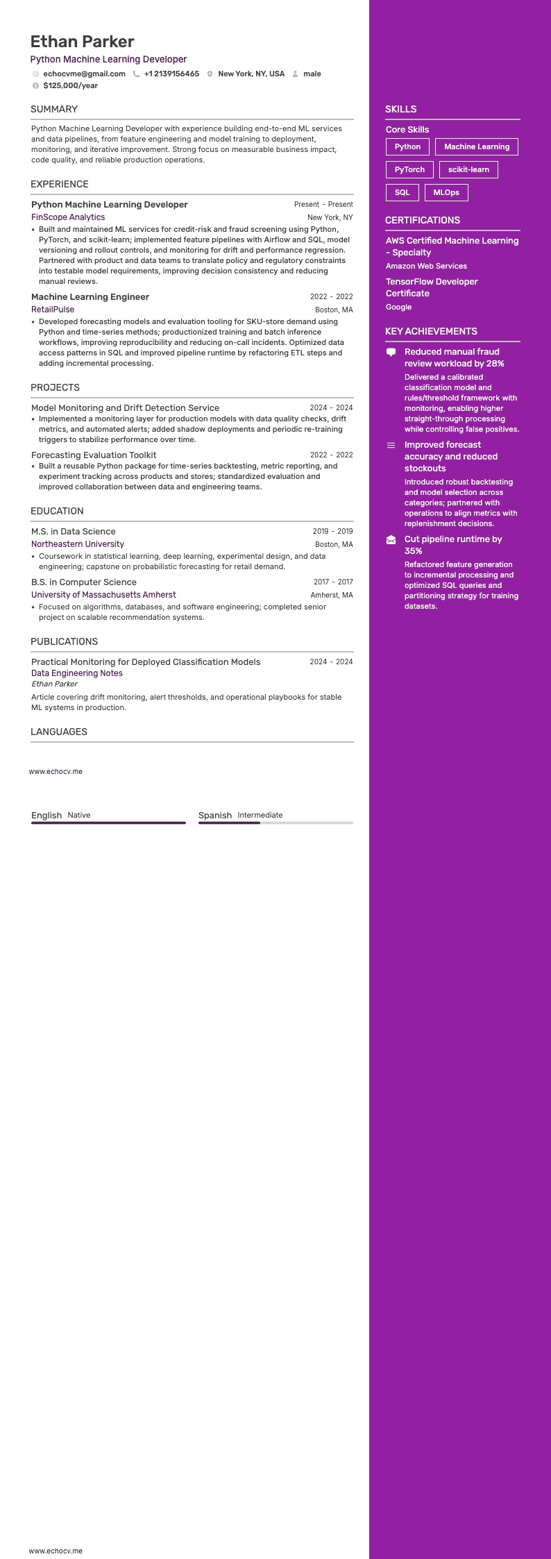 Python Machine Learning Developer example resume