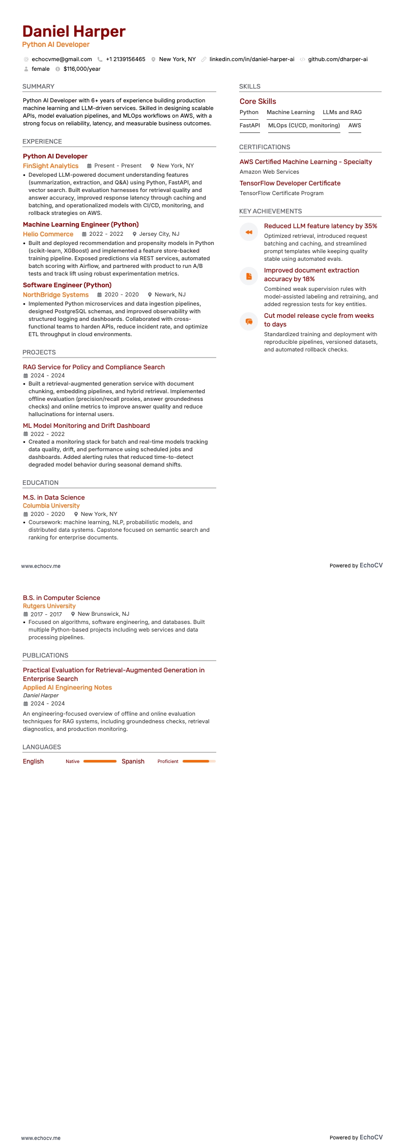 Python AI Developer example resume