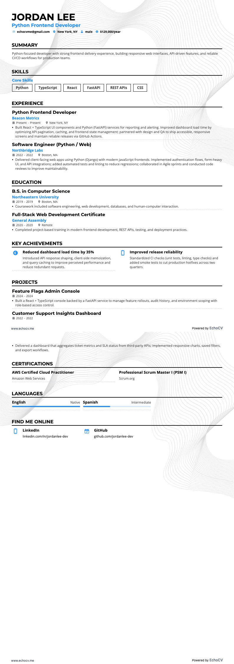 Python Frontend Developer example resume