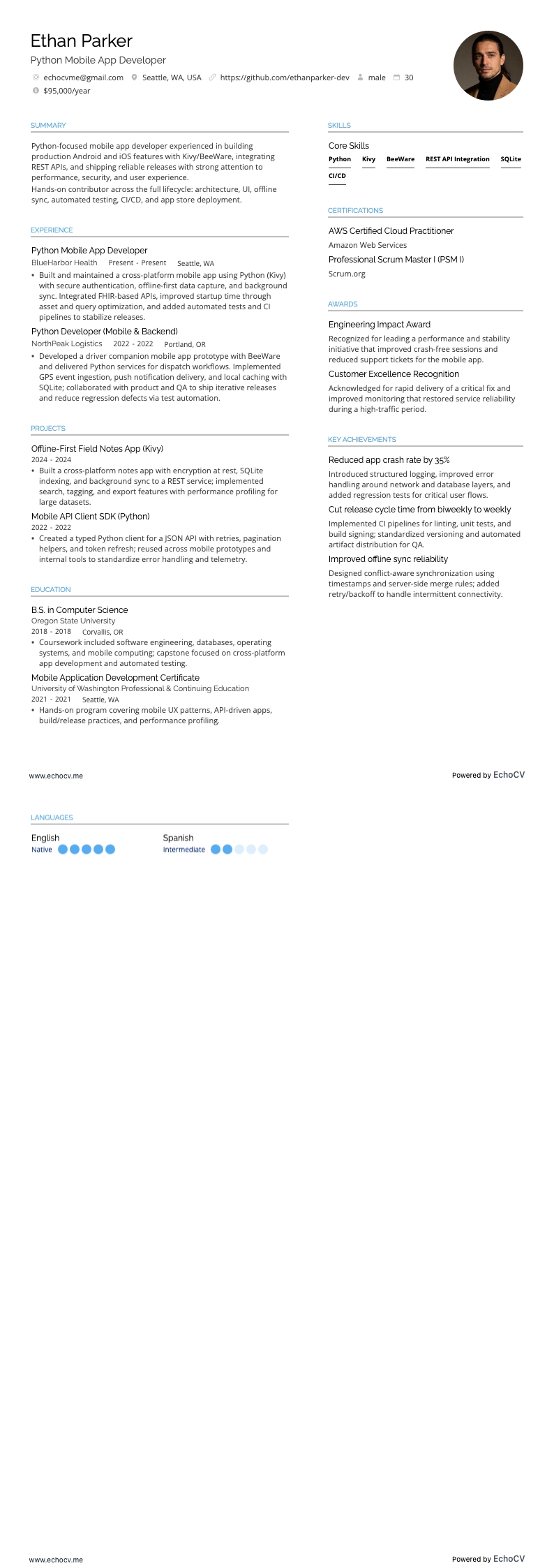 Python Mobile App Developer example resume