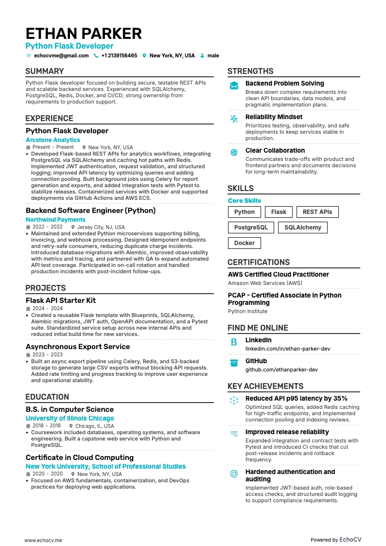 Python Flask Developer example resume