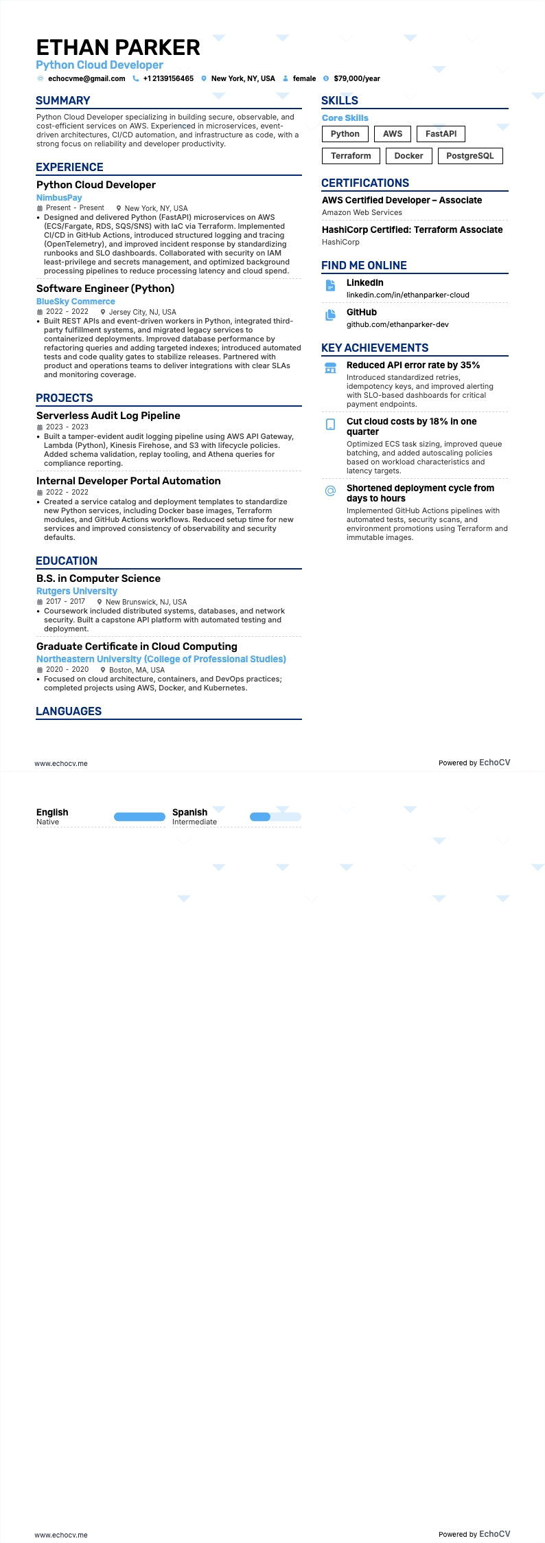 Python Cloud Developer example resume