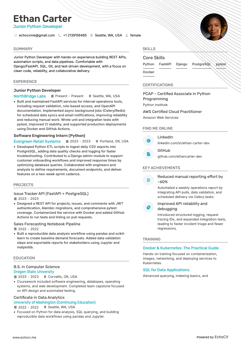 Junior Python Developer example resume