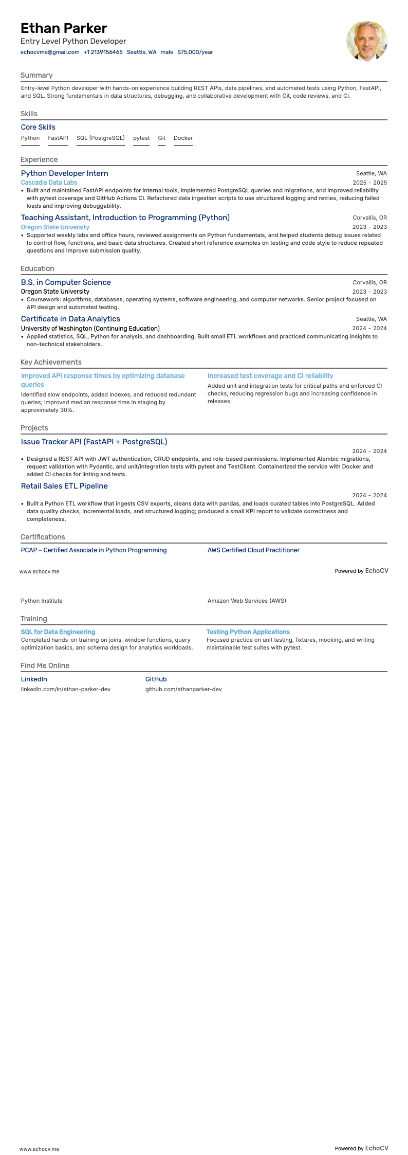 Entry Level Python Developer example resume