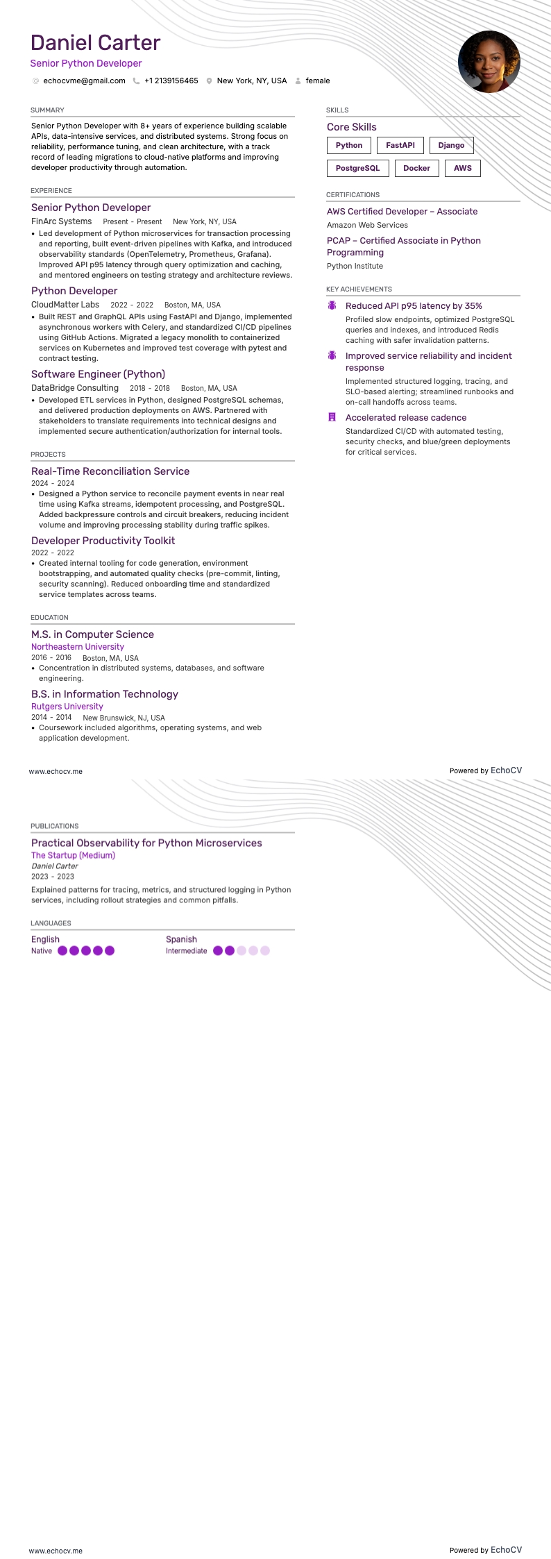 Senior Python Developer example resume