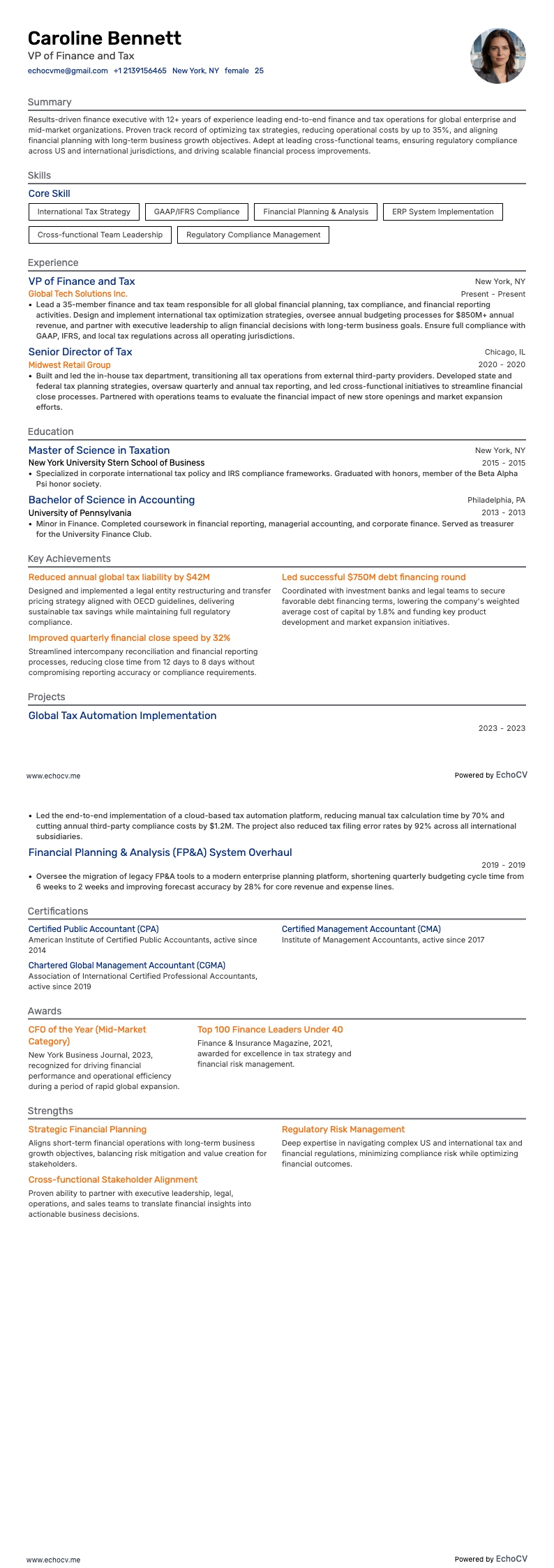 VP of Finance and Tax example resume