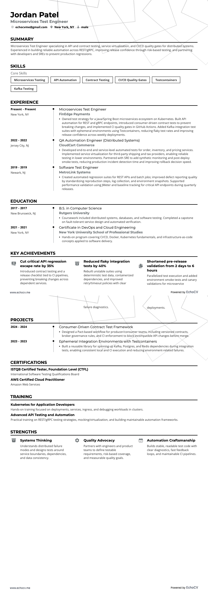 Microservices Test Engineer example resume